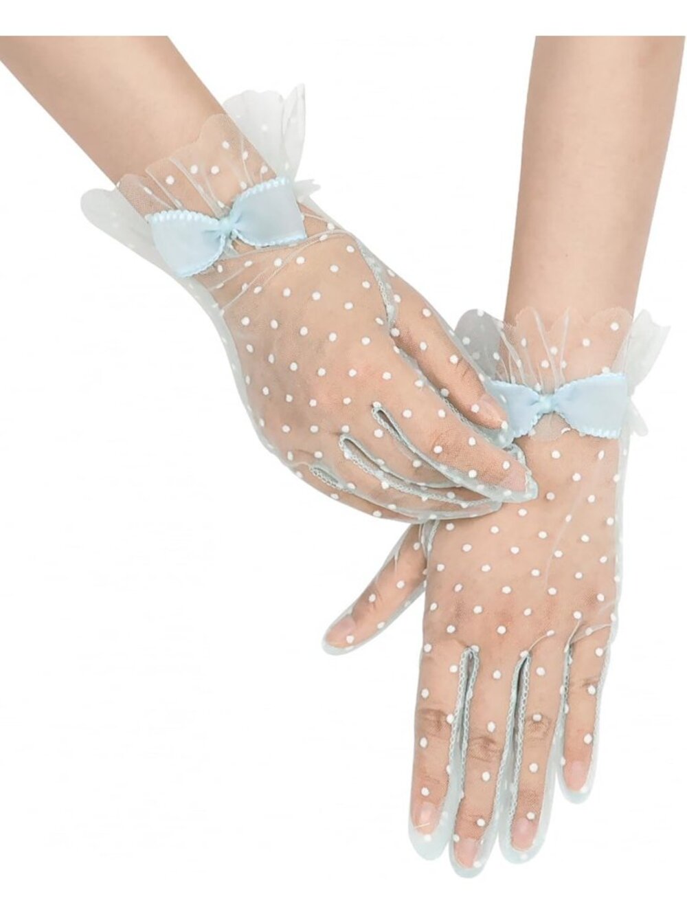Women's Blue 1920s Cocktail Opera Wrist Length Tulle Short Sheer Mesh Gloves
